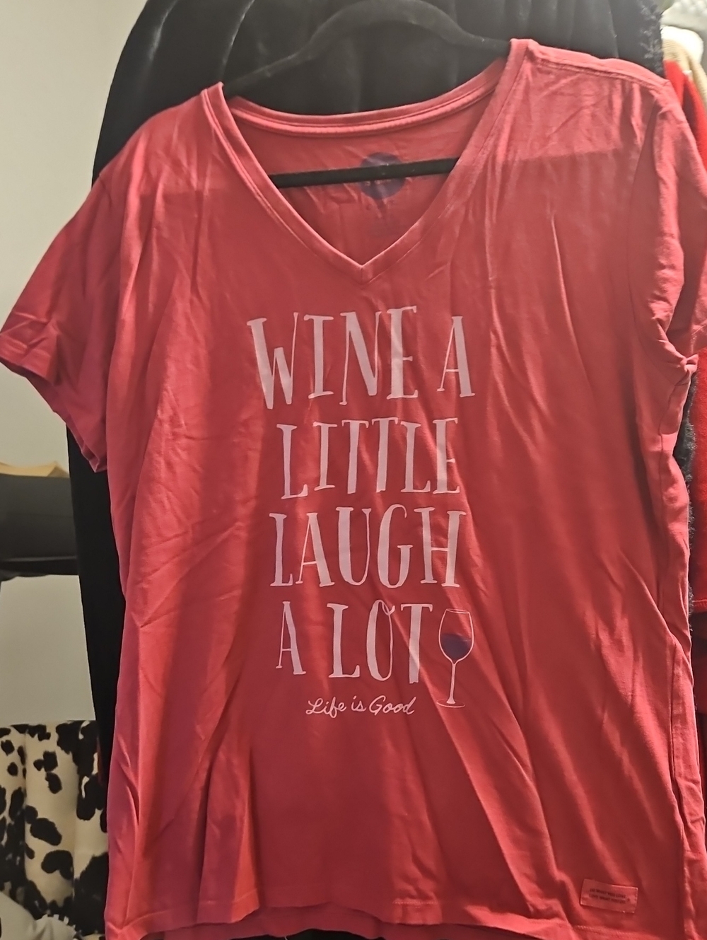 Life Is Good Red V-Neck Tee with "Wine A Little Laugh A Lot" Graphic